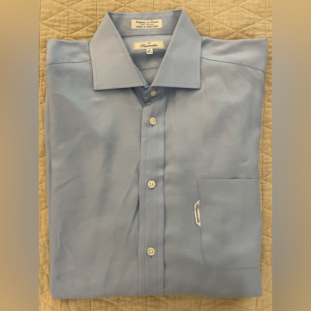 Faconnable‎ Vintage Diagonal Ribbed Cutaway Collar Cotton Shirt in Blue 16.5  L